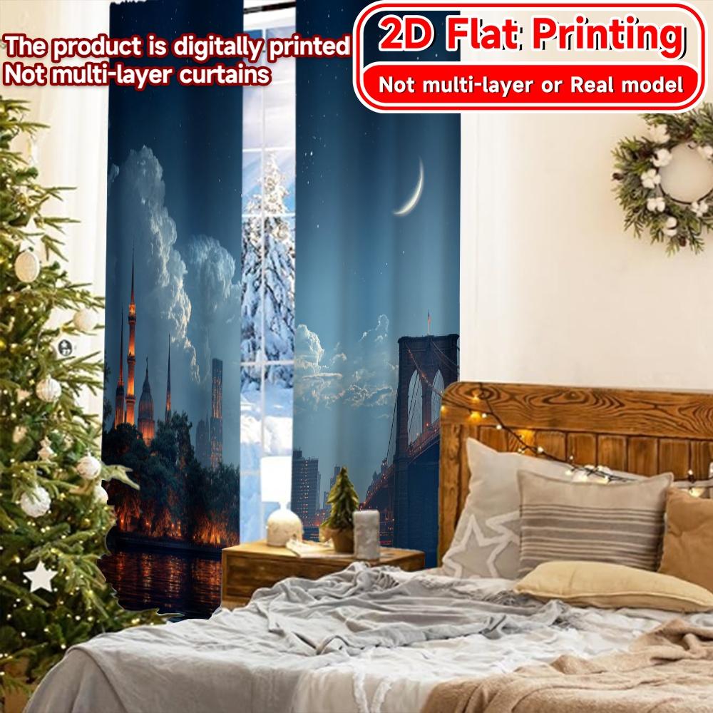 Set Of 2 Flat Printing Curtains Without Rod Cityscape Night View Easter Holiday Digital Polyester Easy Made