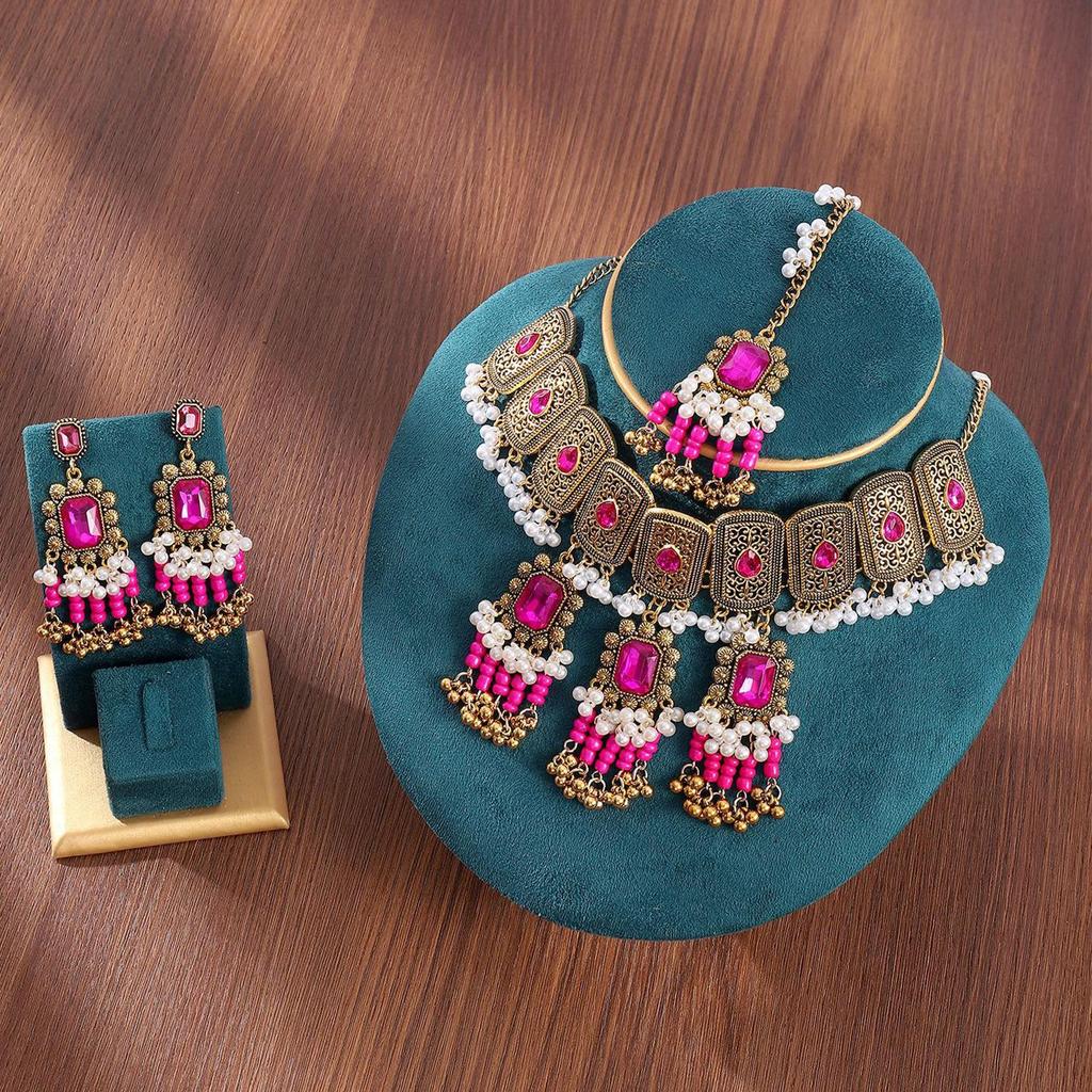 Indian Bridal Jewelry Set Choker Necklace Jhumka Earrings Maang Tikka Vintage Crystal Beads Bohemian Ethnic Women Wedding Costume Accessories