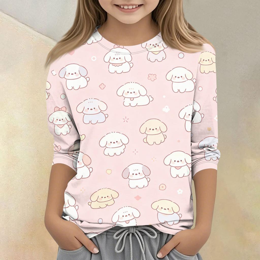 Kids Animal Print Crew Neck 3/4 Sleeve Casual T Shirt Soft Fabric Comfortable Fit Lightweight Design Suitable for Everyday Wear