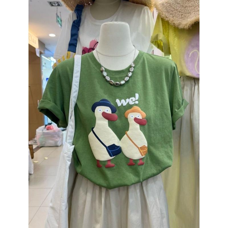 Damen Grünes Cartoon-Enten-Print-T-Shirt Kurzarm Lässiger Lockere Passform Sommer Oberteil