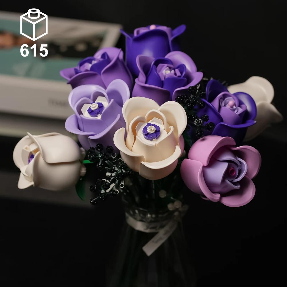 Purple Rose Bouquet Building Blocks - DIY Artificial Flower Bricks, Romantic Decor, Valentine/Easter/Mother's Day Gift