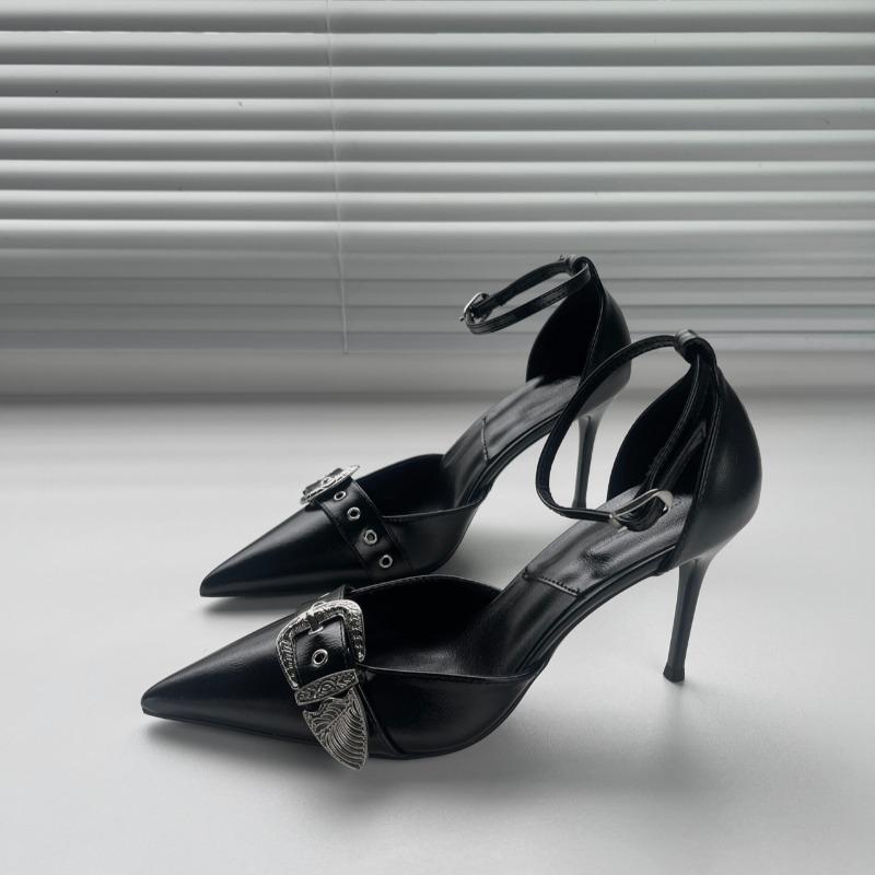 Fashion Spring New Style Stiletto Sandals Women Fashion Pointed Head Shallow Mouth Rivet Metal Buckle Set Foot Non-slip High Heels