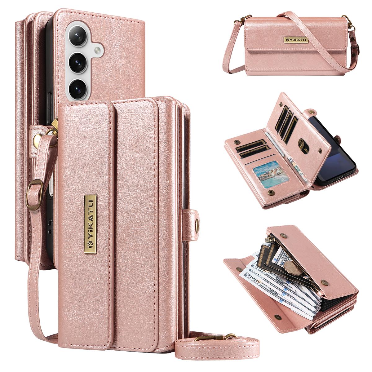 

For Samsung Galaxy S24 FE Case YIKATU YK-008 Zipper Wallet Leather Phone Cover with Shoulder Strap Rose Gold
