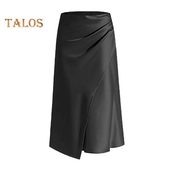 High-Waist Women Skirt Solid Color All-Match Style Pleated Skirt Slimming Design Slit Design Zipper Hip Wrapped Midi Skirt
