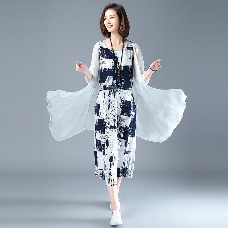 Damen 2025 Sommer Baumwoll-Leinen Tusche-Print Schal Zweiteiler Kleid-Set