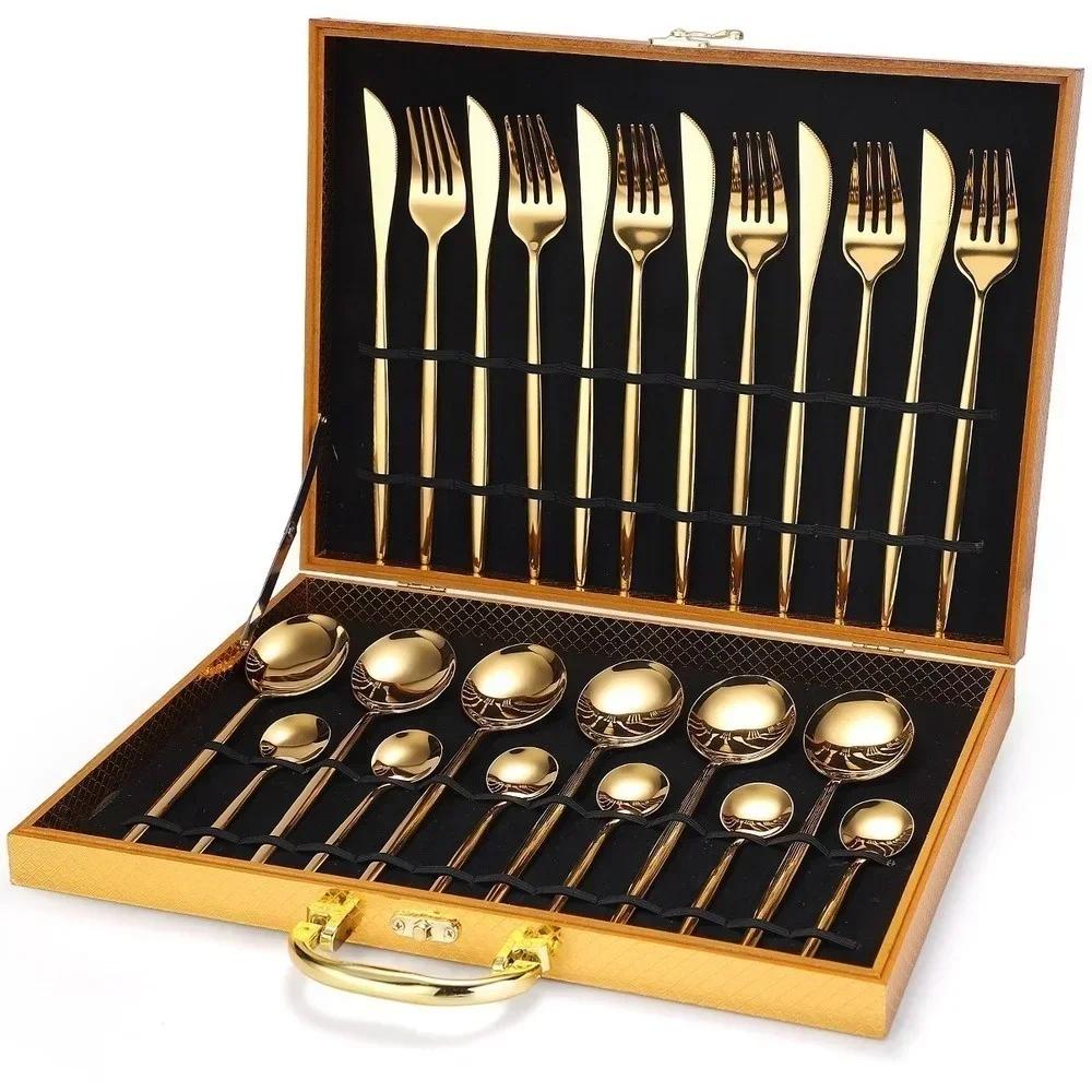 24Pcs Stainless Steel Tableware Set Steak Knife Fork Spoon Tableware Hotel Restaurant Tableware Gift Box Set Gift Tableware