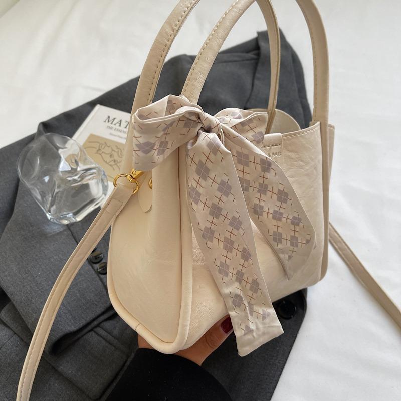 Fashion Vintage Bucket Bag Women PU Leather Top Handle Bag with Checkered Scarf Bow Large Capacity Shoulder Bag for Daily Commute and Outings