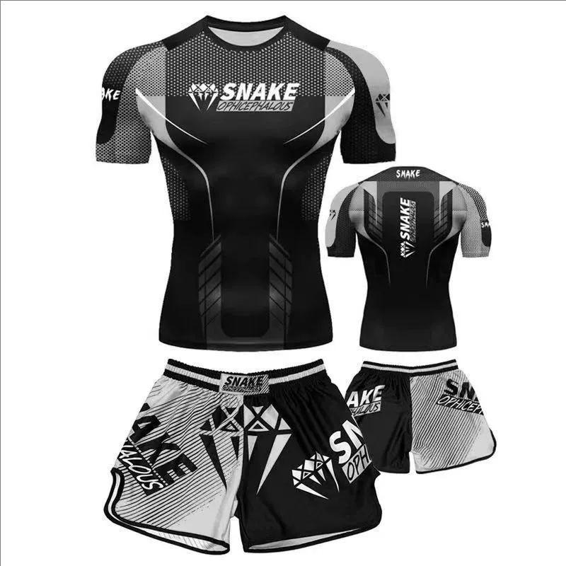 MMA Training Set Mens Short Sleeve Shorts Sanda Boxing Muay Thai Combat Sports Gym Workout
