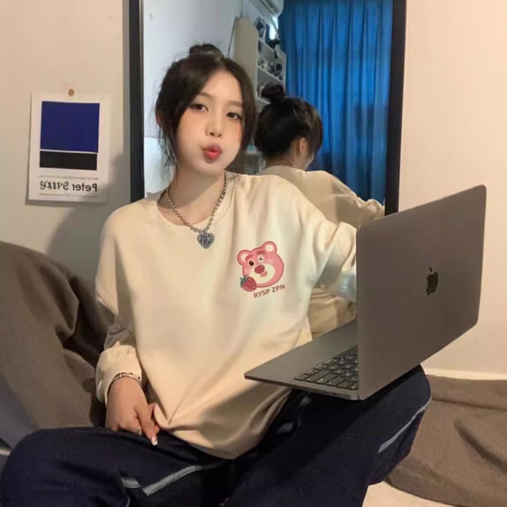 Japanese cute strawberry bear print crew neck autumn and winter Korean version oversize loose age-reducing jacket sweater women
