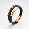 Customizable Men's 18K Gold Stainless Steel and Black Leather Wrap Bracelet Personalized Fashion String Jewelry for Men