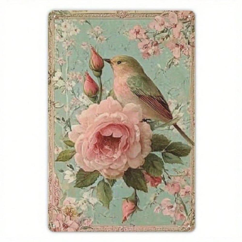 Vintage Rose Bird Metal Tin Sign Retro Wall Art Home Decor