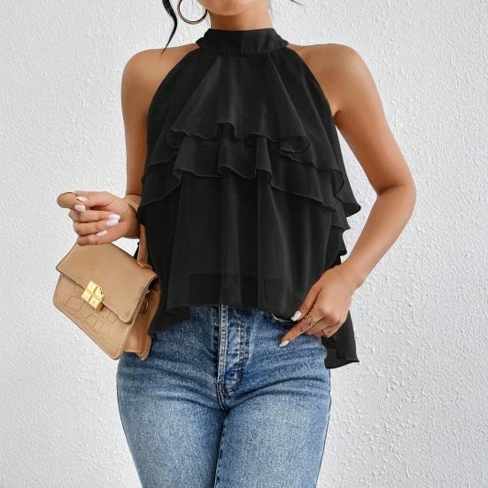 Women Tops Halter Neck Sleeveless Solid Color Pullover Tops Multi Layer Ruffle Hem Commuting Style Short Tops