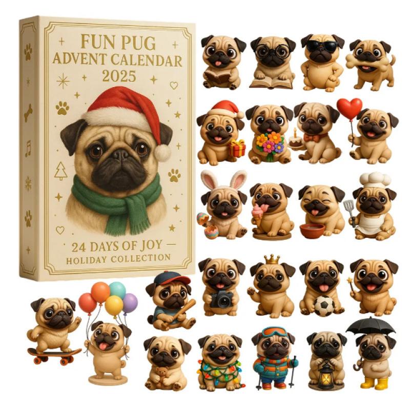 Mops Adventskalender 2025, 24 Tage Weihnachts-Adventskalender mit niedlichen Mops-Hängeornamenten, Weihnachtsgeschenk für Hundeliebhaber