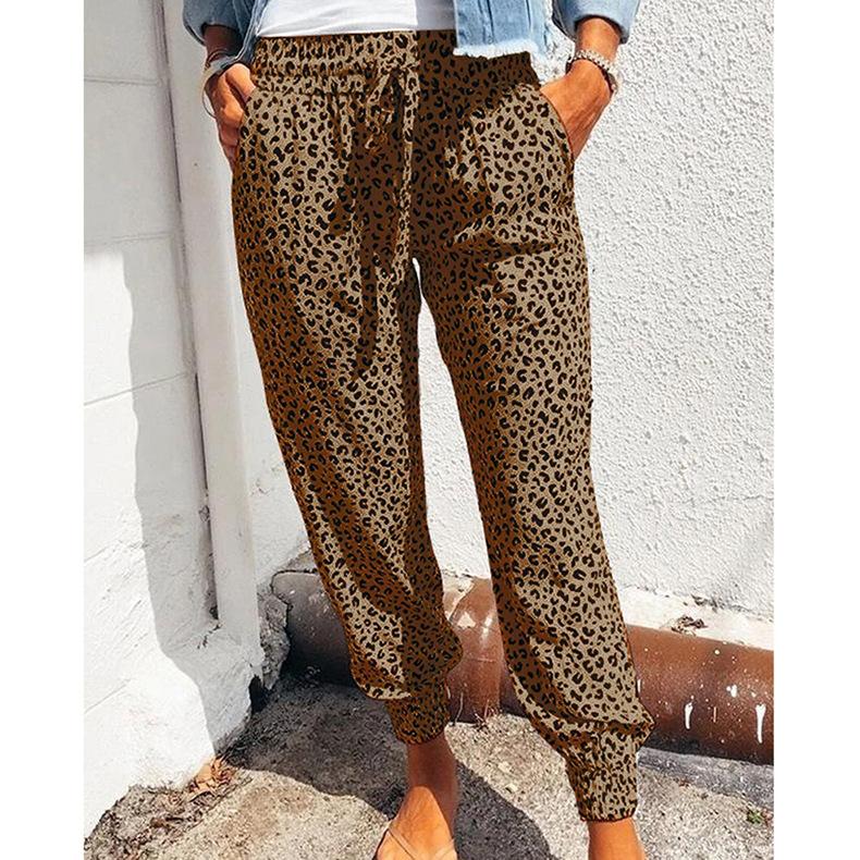 Europäische und amerikanische Damen-Leggings mit lockerem Leopardenmuster und Schnürung, Freizeithose