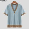 INCERUN Men V Neck Short Sleeve Stitching Casual Loose T-shirts Rib Tops