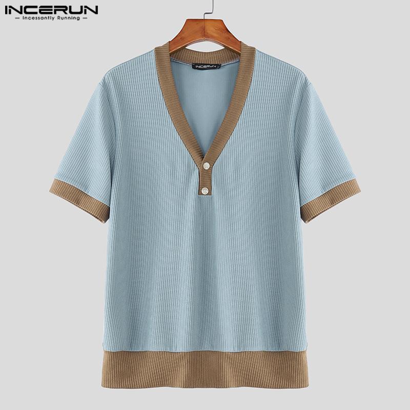 INCERUN Men V Neck Short Sleeve Stitching Casual Loose T-shirts Rib Tops