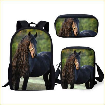 Prärie-Pferd-Muster Dreiteiliges Set, Schultasche, Federmäppchen, Umhängetasche, Lässiges 3D-Druck-Rucksack-Set.