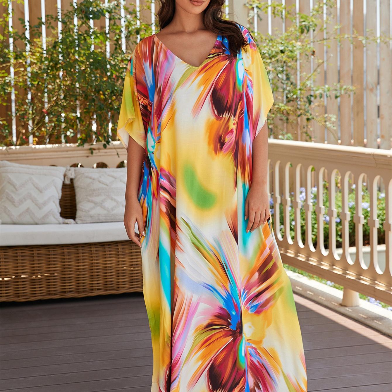 

Женская мода, отпуск, лето, весна, фейерверк, принт, рукава 1/2, v-образный вырез, повседневные платья One Size жёлтый