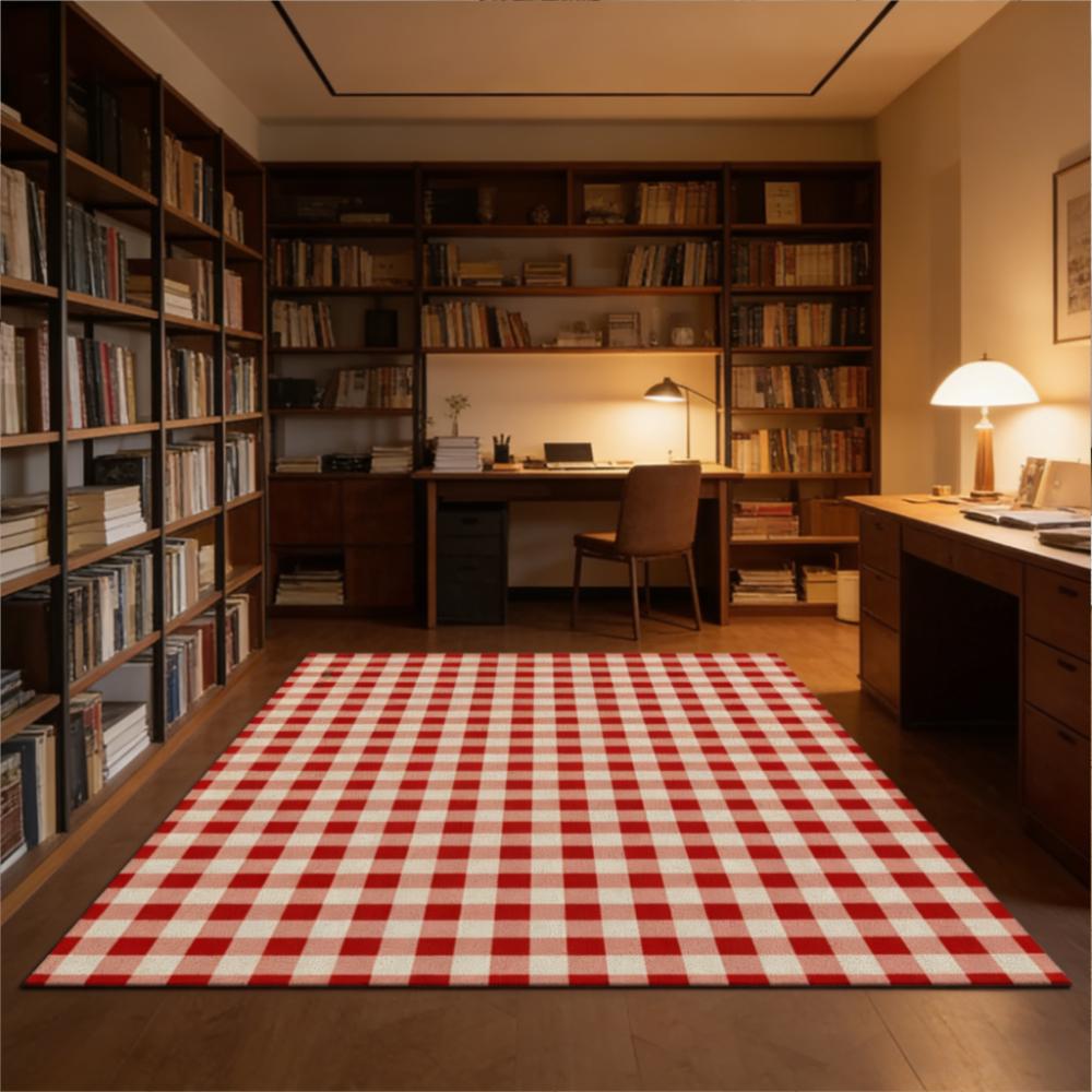 1pc 2D Flat Red White Checkered Area Rug, Machine Washable Non-Slip Decor Mat for Living Room & Under Bed