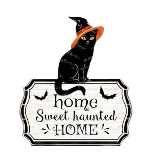 Yousheng Halloween Hanging Door Sign, Cute Cat Hanging Sign, Wooden Front Door Hanger with Hemp Rope for Porch Wall Indoor Home