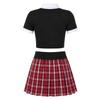 Dámský kostým školkačky Krátký rukáv Barevně blokovaný Crop Top Zavazování Neviditelný zip Kostkovaná sukně
