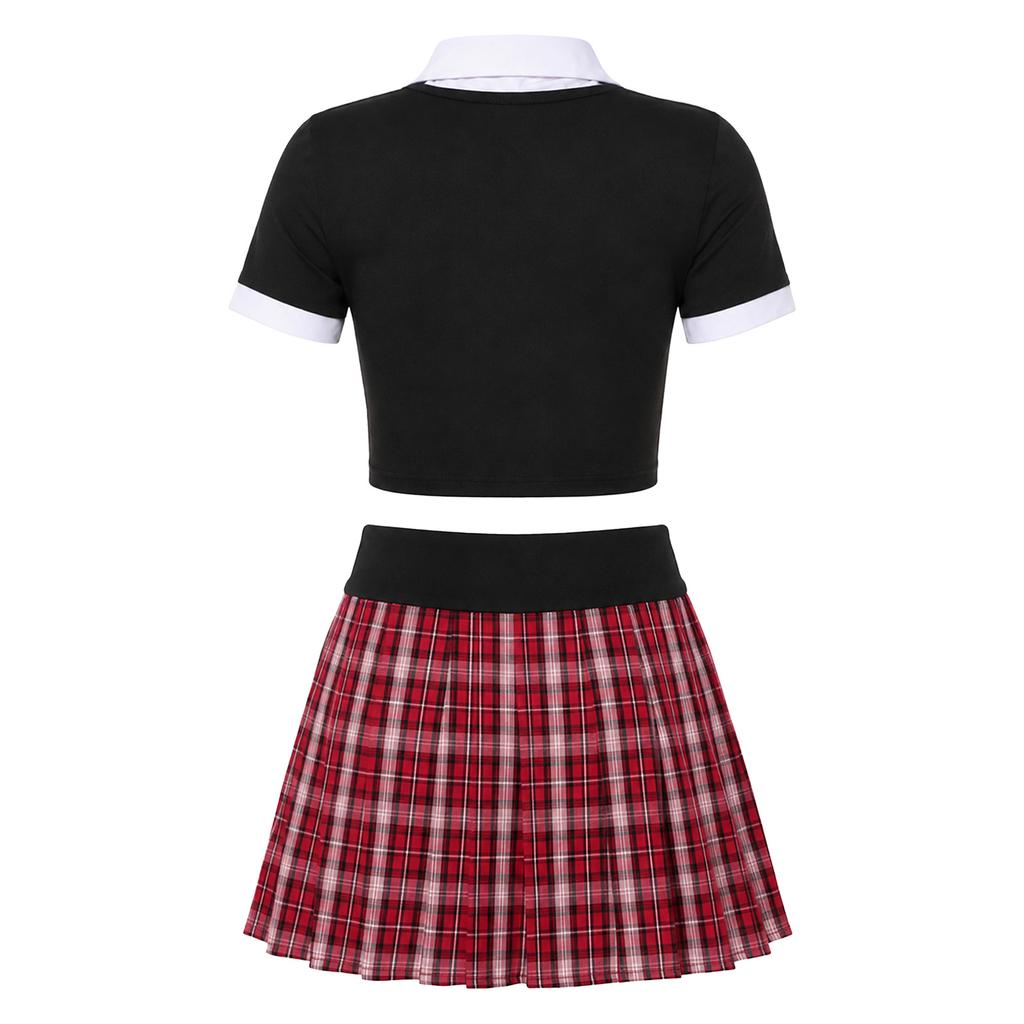 Dámský kostým školkačky Krátký rukáv Barevně blokovaný Crop Top Zavazování Neviditelný zip Kostkovaná sukně