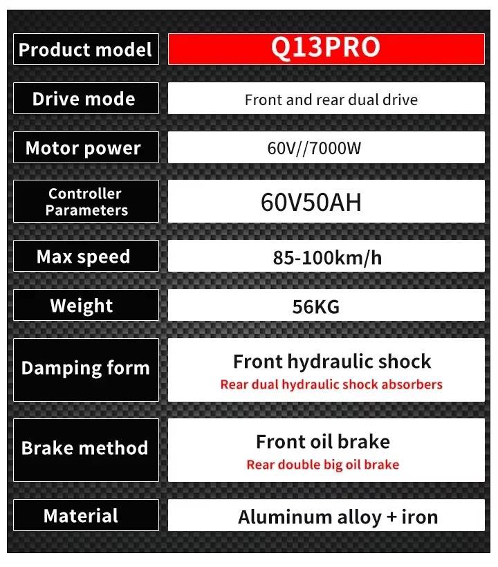 Scooter Elétrica Q13Pro 8000W 60V 50Ah com Motor Duplo, Pneus Off-Road de 13 Polegadas, Scooter Dobrável de Alta Velocidade 100km/h para Adultos