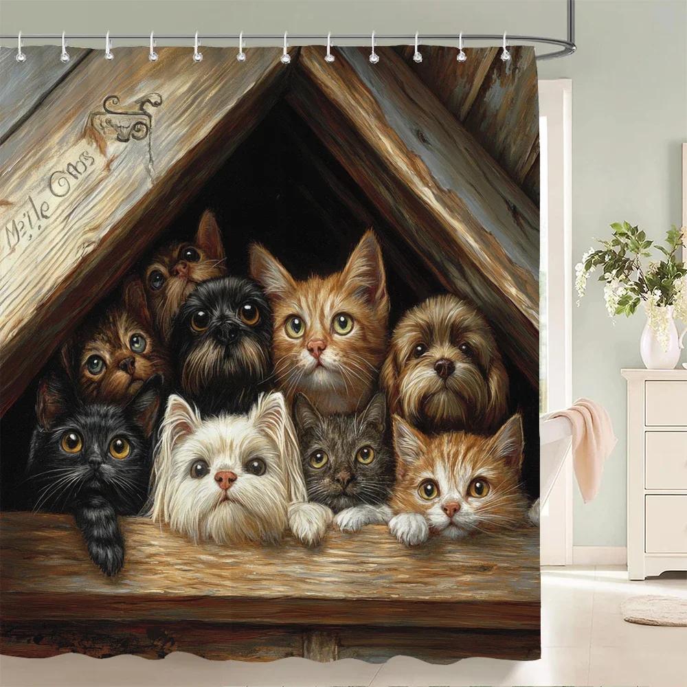 Lovely Cat and Dog Animal Shower Curtain Country Scenery Cats and Dogs Printing Bathroom Curtain With Hooks Home Decor Curtain