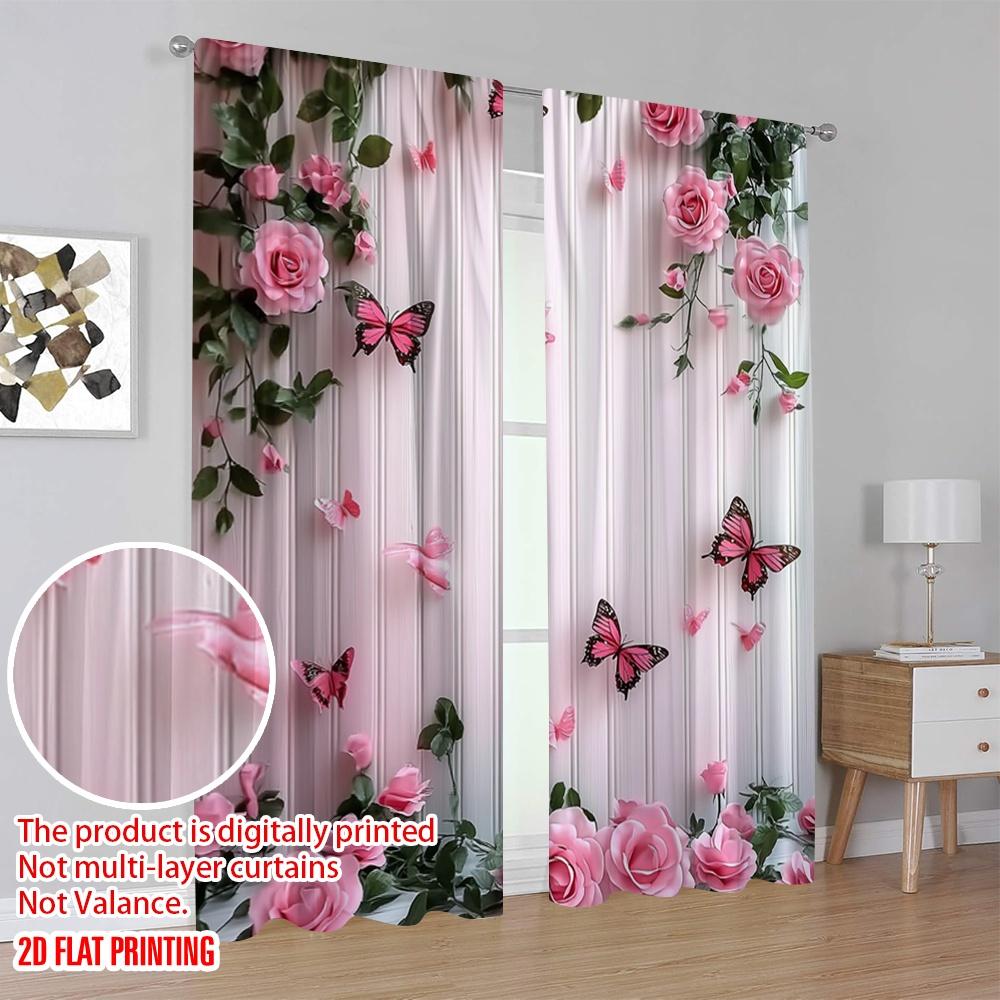 2pcs Curtain Butterfly and Pink Rose Durable 100% Polyester Fabric,Without Electricity Versatile Perfect for Holiday Decor