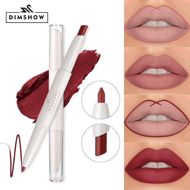 Dimshow Matte Lip Liner Lipstick 2 In 1 Pen Long Wearing Non Transfer Sexy Red Rotating Double Headed Makeup Cosmetics