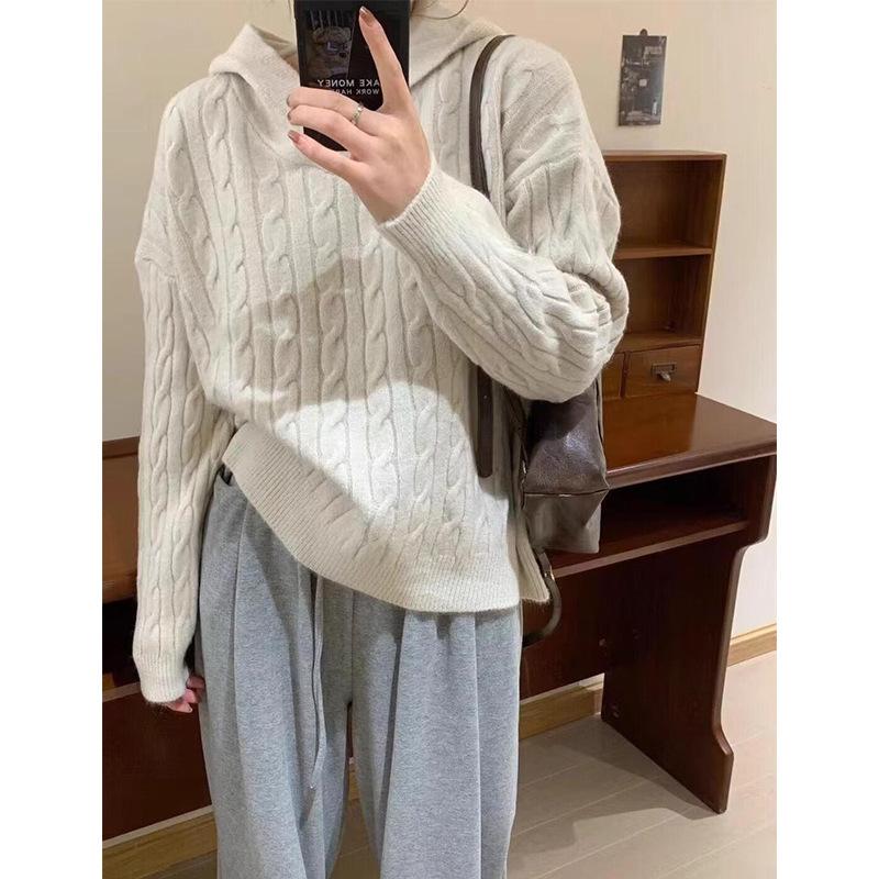 Maglione morbido retrò a trecce con cappuccio da donna autunno-inverno ampio pigro antivento maglieria