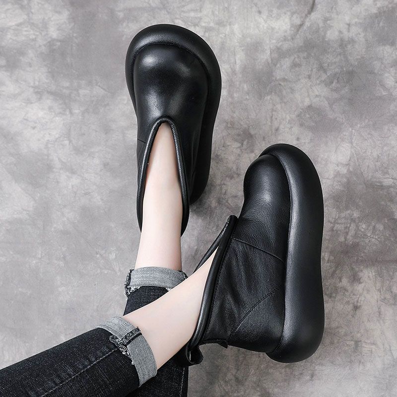 Slope Heel Short Boots Women's Retro Casual Big Head Single Boots Autumn and Winter Muffin Thick-soled British Versatile Personalized Short Mart