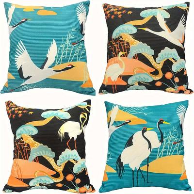 Japanese Crane Pine Pillow Covers, Teal Black Floral Decorative Throw Pillow Cases, Oriental Home Decor For Sofa Bed, No Insert