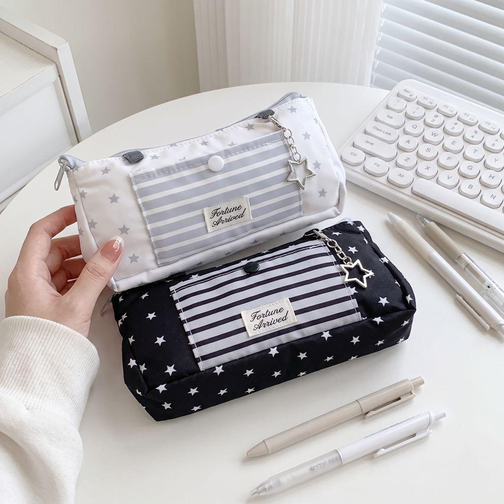Printed Pencil Storage Bag Striped Zipper Stationery Pouch Trendy Star Pencil Case  Back To School
