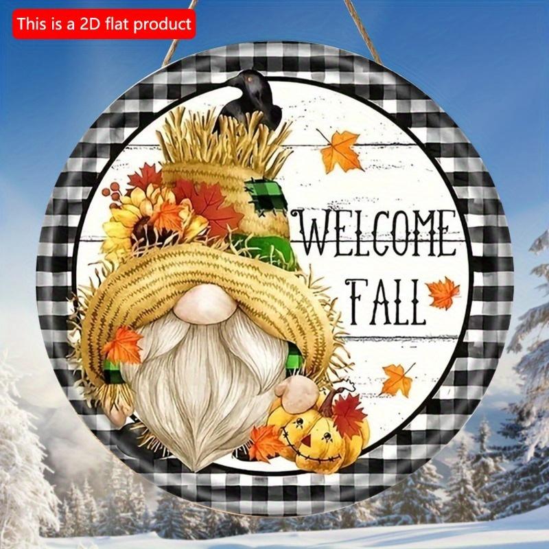 2d Flat 20*20cm, Autumn Home Decoration, Welcome Fall, Dwarf Circular Wooden Logo, Creative Decorative Signs, for Home, Garden, Bedroom, Bar Decor.