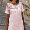 Summer Women Casual Loose Cotton Linen Mini Dress Short Sleeve Round Neck Lace Sundress Beach Short Dresses