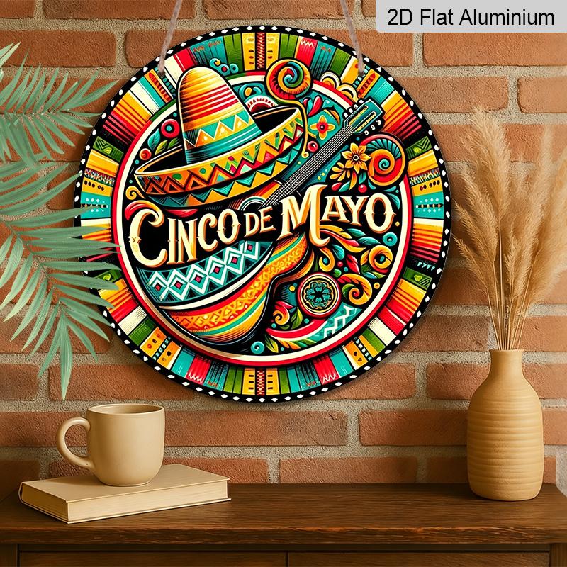2D Flat, 1pc Round Aluminum Hanging Sign, Cinco De Mayo Sombrero & Guitar Mexican Folk Art Design, Vibrant Fiesta Metal Sign, Perfect for Taco Bar