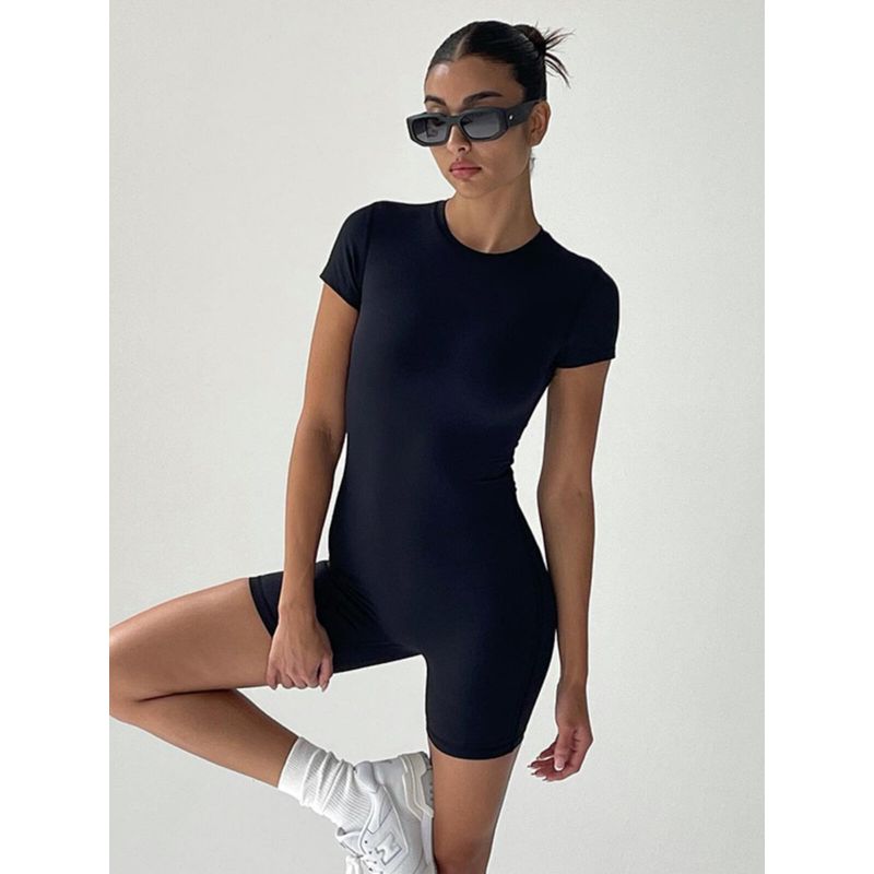 Fashion Casual Exercise Women's Clothing Fashion Style Pure Color Basic Fitness Short Sleeve One-Piece Trousers round Neck Tight One-Piece Shorts