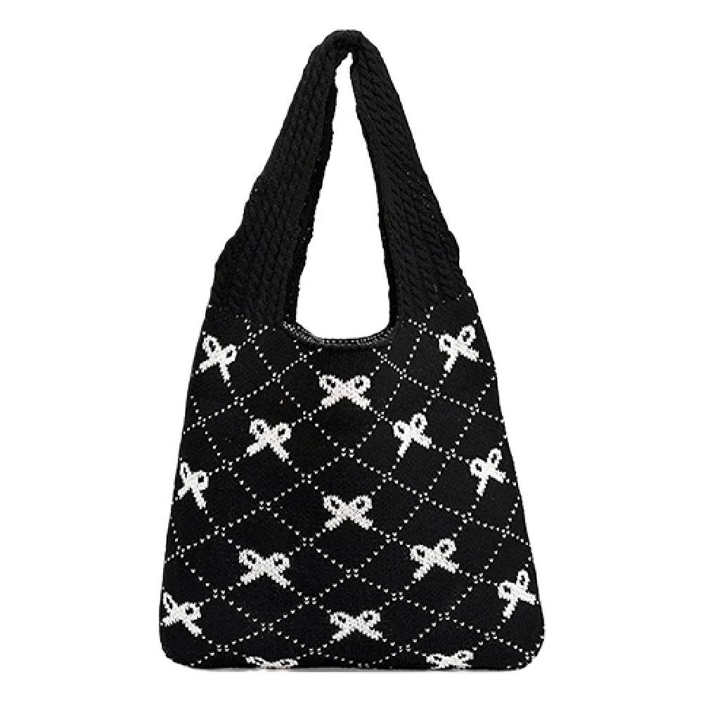 

Sweet Bow Knitting Shoulder Bag Large Capacity Beach Bag Underarm Bag Sundries Storage Bag Girls Black White