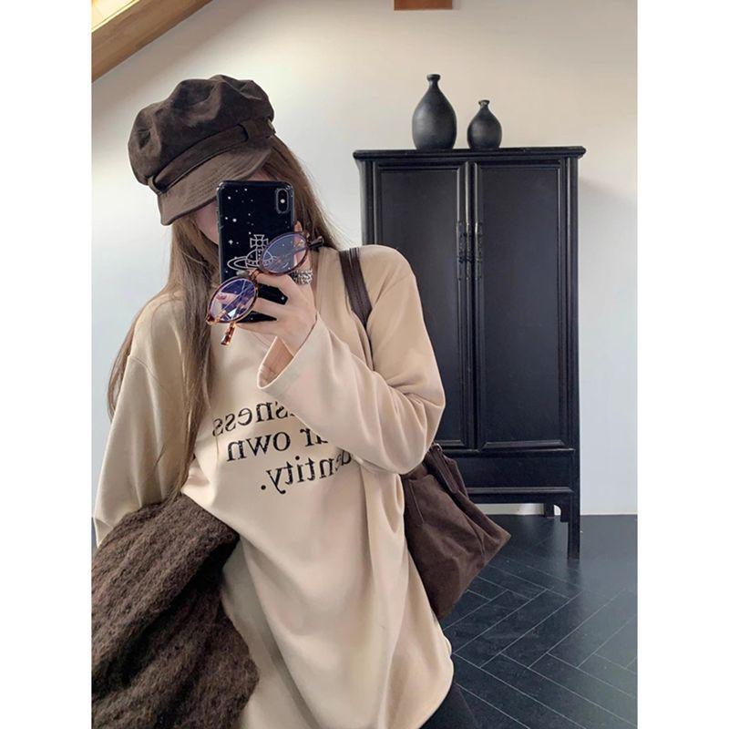

Women s White Letter Print Long Sleeve T-shirt with Velvet Lining - Round Neck Slim Fit Top for Autumn/Winter M