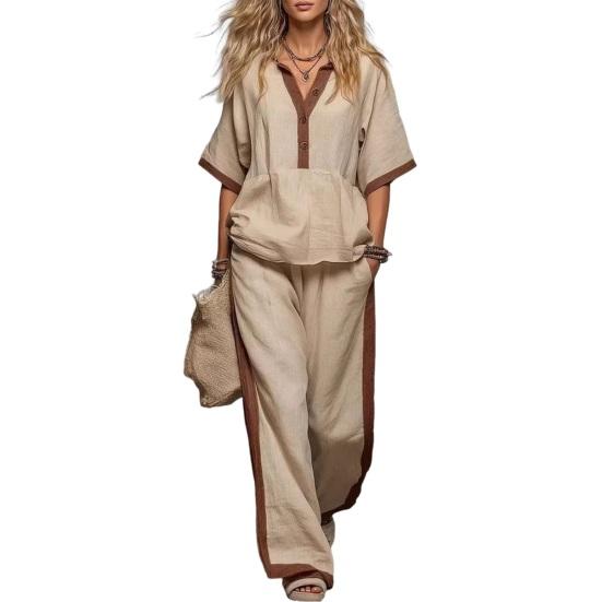 Conjunto de Algodón y Lino para Mujer, Verano, Cuello en V, Corte Holgado y Cintura Elástica, Pantalones Palazzo de 2 Piezas, Conjunto Casual Cómodo de Top y Pantalones de Pierna Ancha para el Hogar