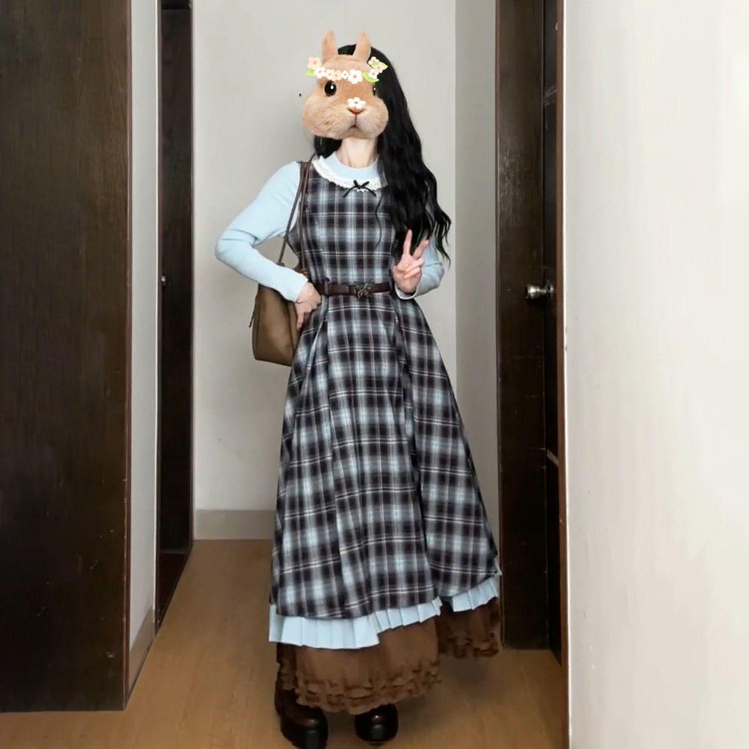 2026 Spring Retro Fake Two-Piece Blue-Brown Plaid Bow Patchwork Cinched Waist Long Dress XL