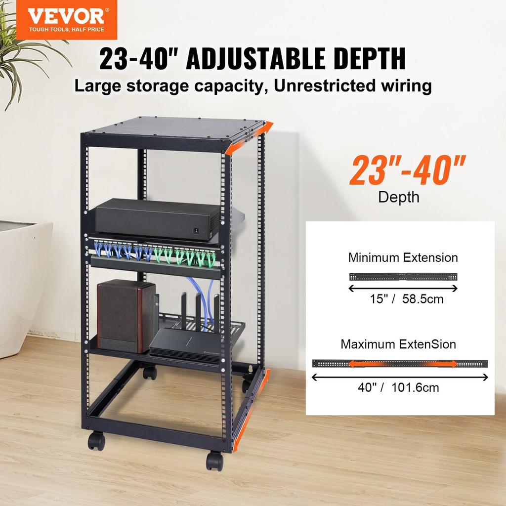 20U Open-Frame Serverrack, 15''-40'' Verstellbare Tiefe, Freistehend oder Wandmontage Netzwerkserverrack, 4-Säulen AV-Rack mit Rollen, Bietet Platz für alles Ihre