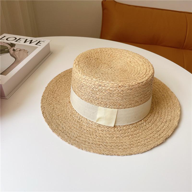 Raffia Boater Hats Women Summer Hat with Ribbon Band flat top Sun Hat Wide Brim Beach Hat Ladies Canotier Hat