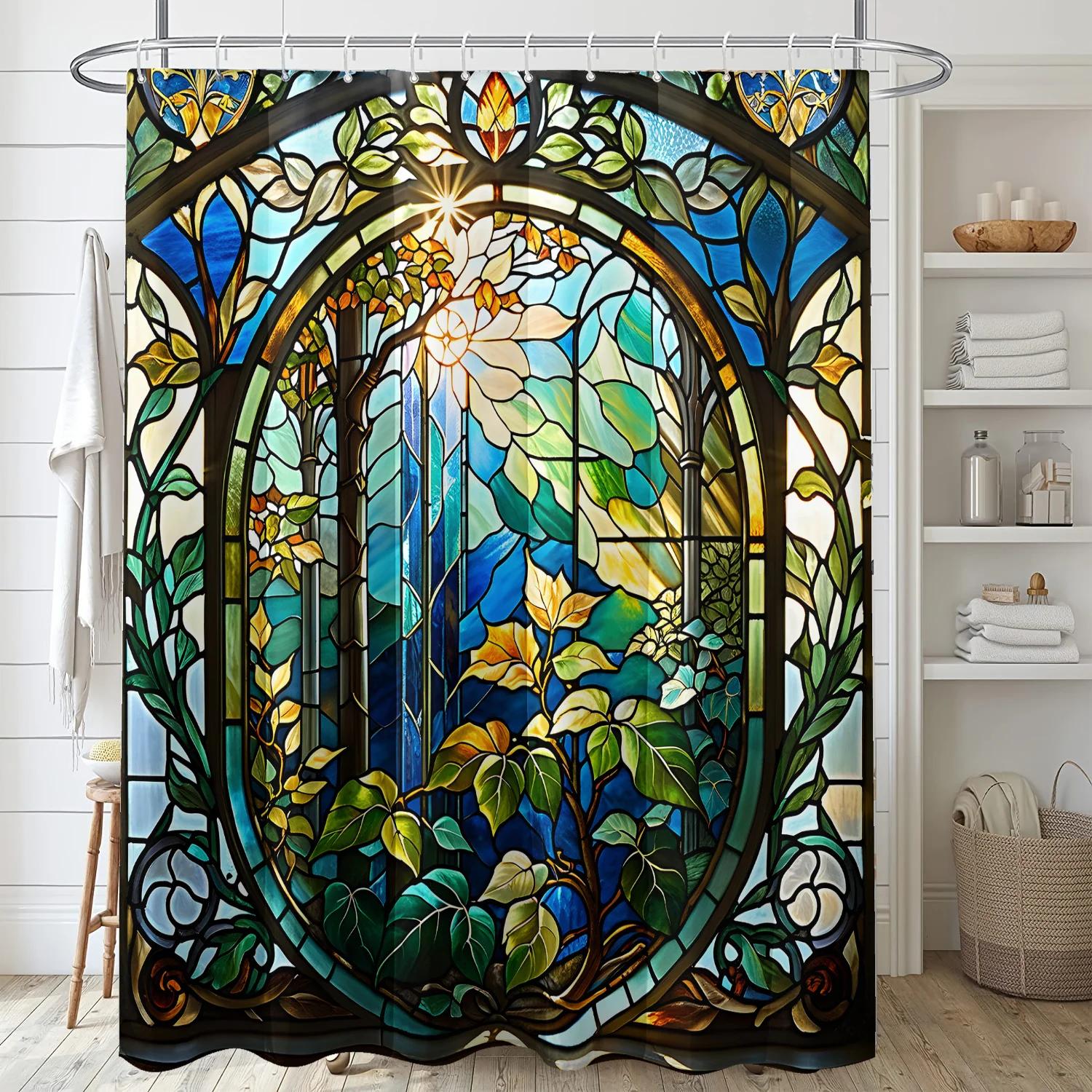 Home&Kitchen Accessories Light Enchanted Forest Stained Glass Shower Curtain - Whimsical Bath Decor, Perfect For Those Who Love Nature-Inspired