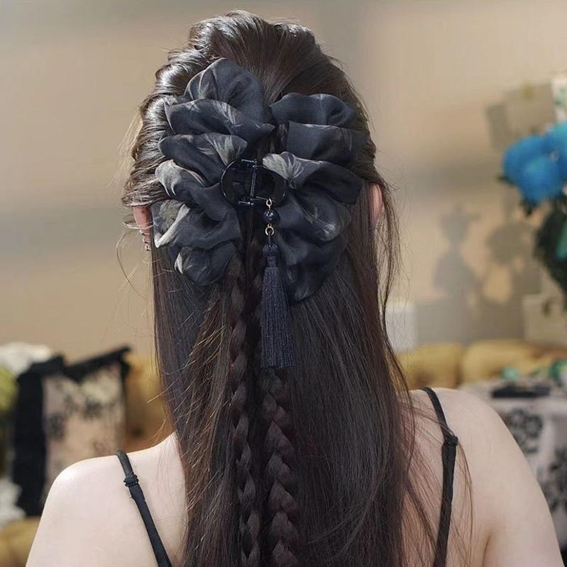 Chinese Style Mesh Bow Hair Clip For Female Simulated Wig Braid At The Back Of The Head Shark Clip Headwear