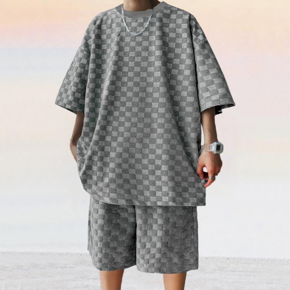 Men's Sports Suit Summer New Korean High Street Jacquard Plaid T-shirt Shorts Two-piece Set Male Casual Retro Loose O-neck Top