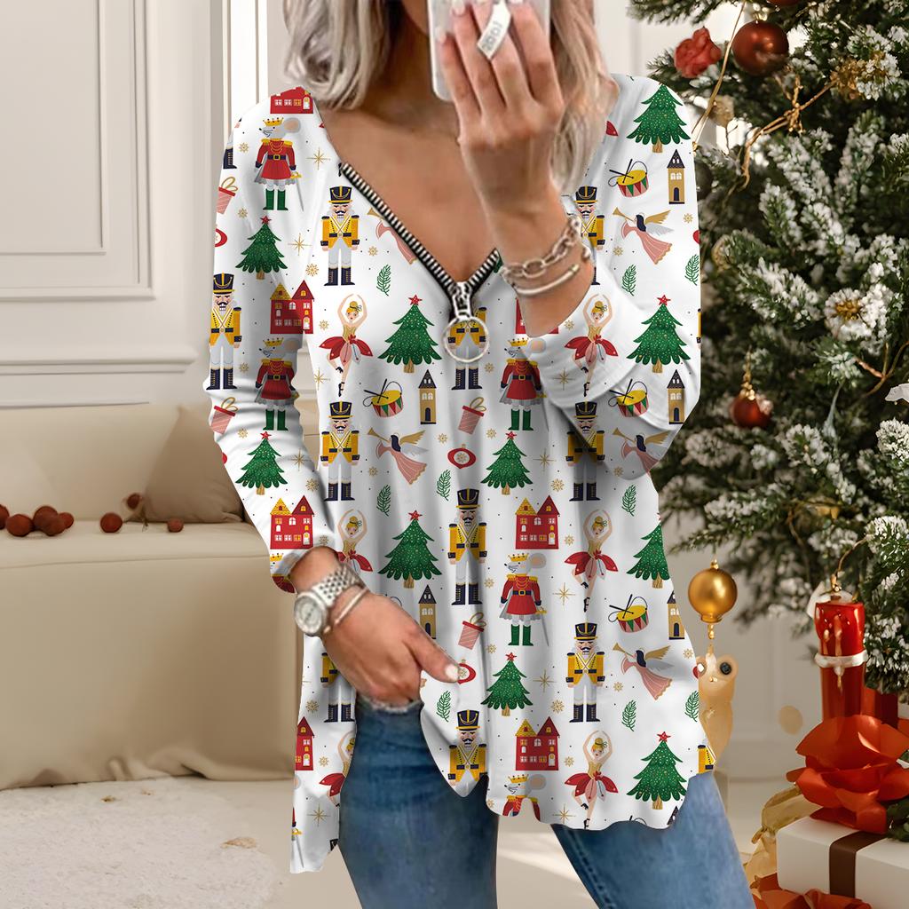 Women Autumn Christmas Printed Long Sleeve T-Shirts  Loose V-Neck Plus Size Tee Shirt Tops Comfy Blouse