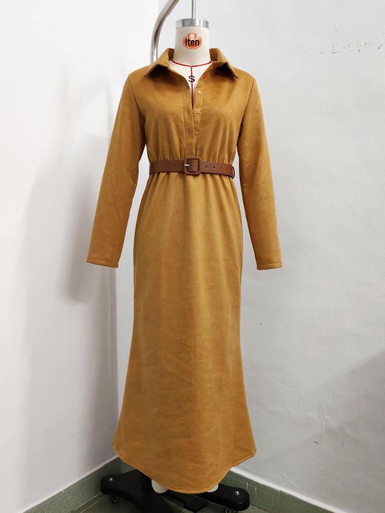 2025 Autumn/Winter Suede Plush Waist-Cinching Belted Shirt Dress