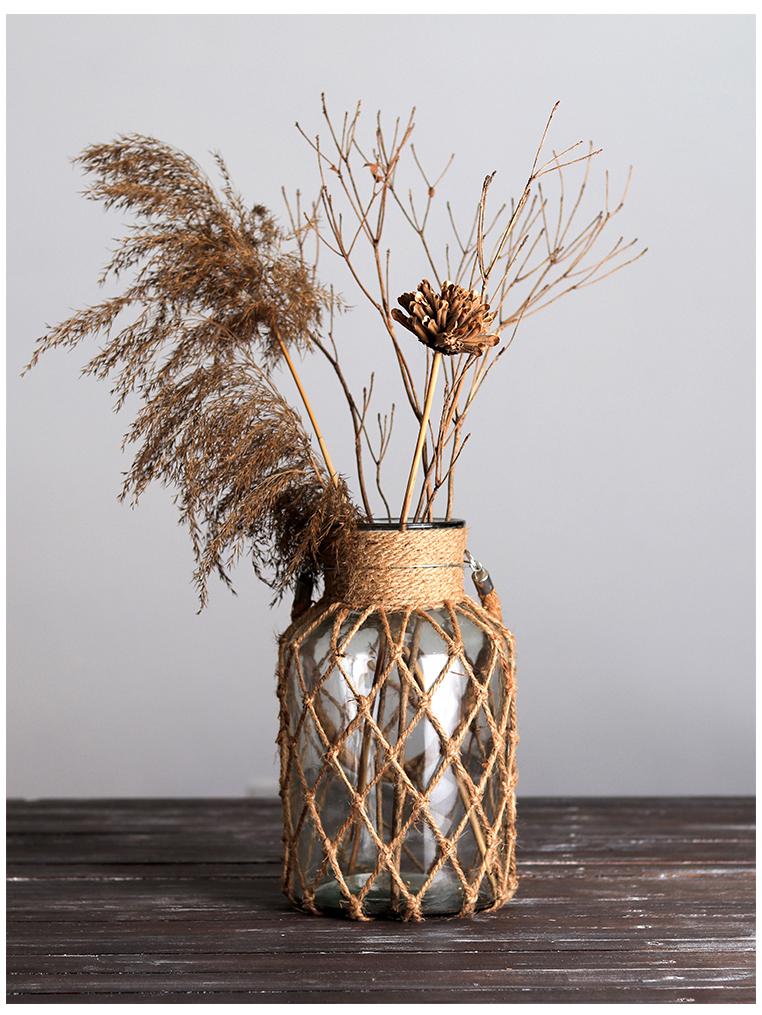 Retro Dried Flower Arrangement Glass Vase with Hemp Rope – Transparent Desktop Ornament for Home Decor